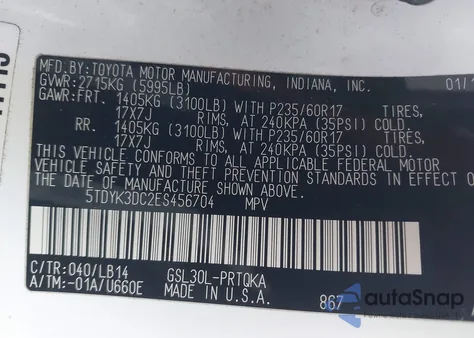 2014 Toyota Sienna Xle V6 8 Passenger from USA, damaged, VIN 5TDYK3DC2ES456704